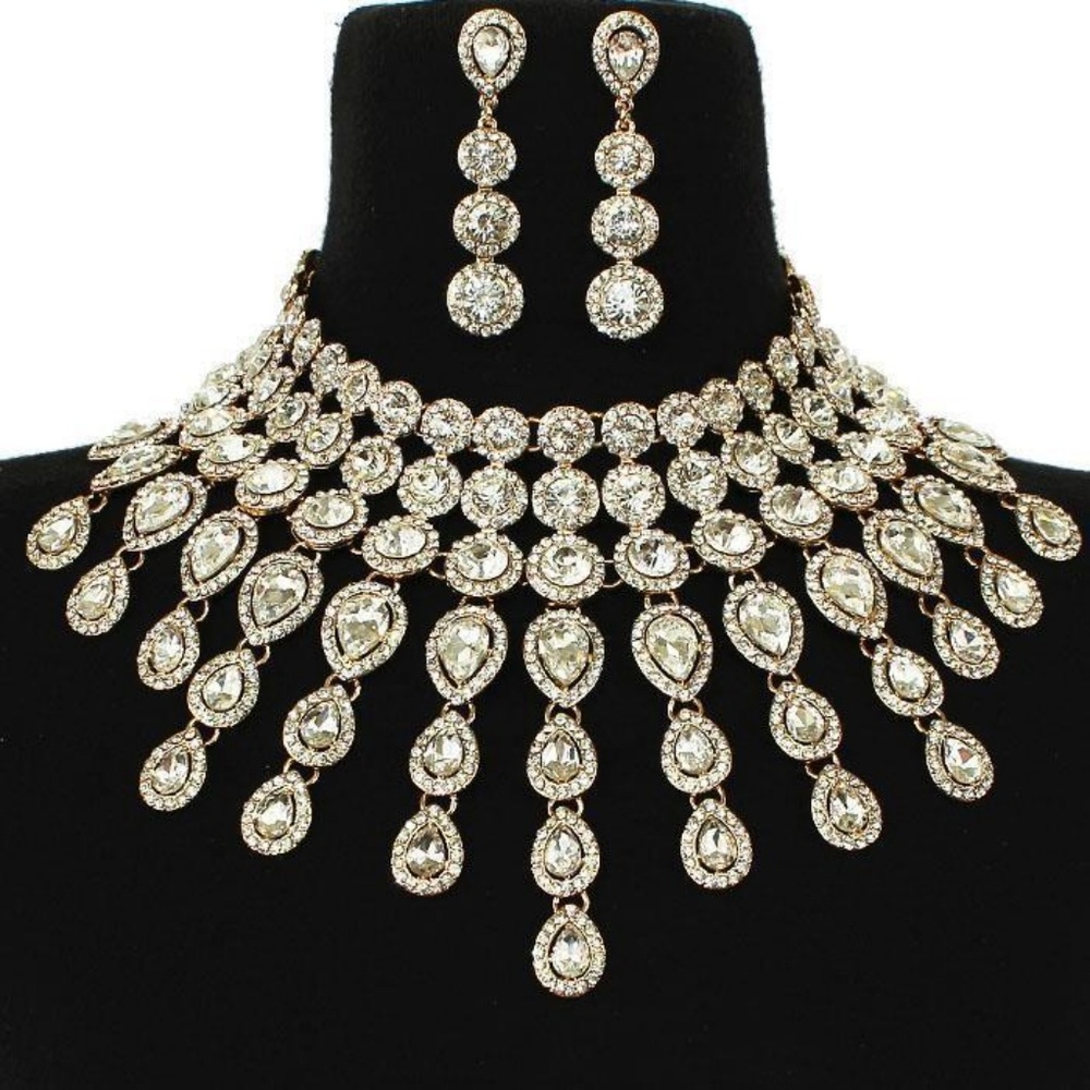 Elegant Gold & Clear Crystal Choker Necklace Set Waterfall Statement Jewelry